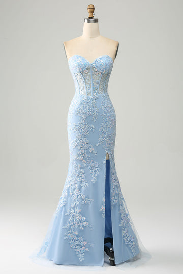 Azzurro sirena Sweetheart Corsetto Appliques Abito da Cerimonia con fessura laterale
